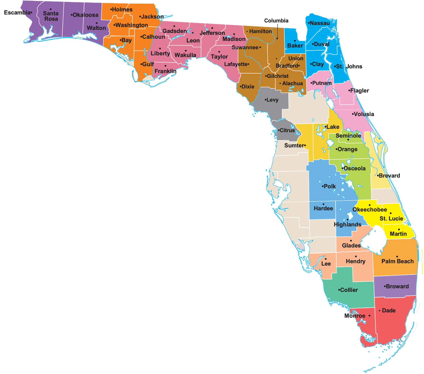 A map showing all counties VITAS serves in Florida