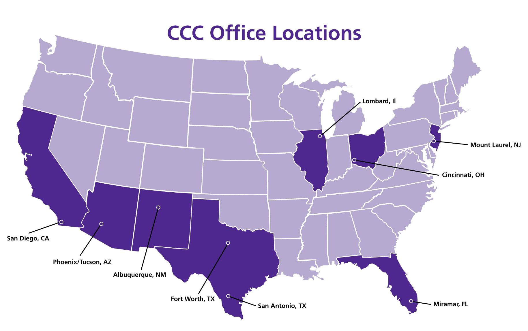 A map of the United States with California, New Mexico, Arizona, Texas, Florida, Ohio, Illinois, and New Jersey highlighted